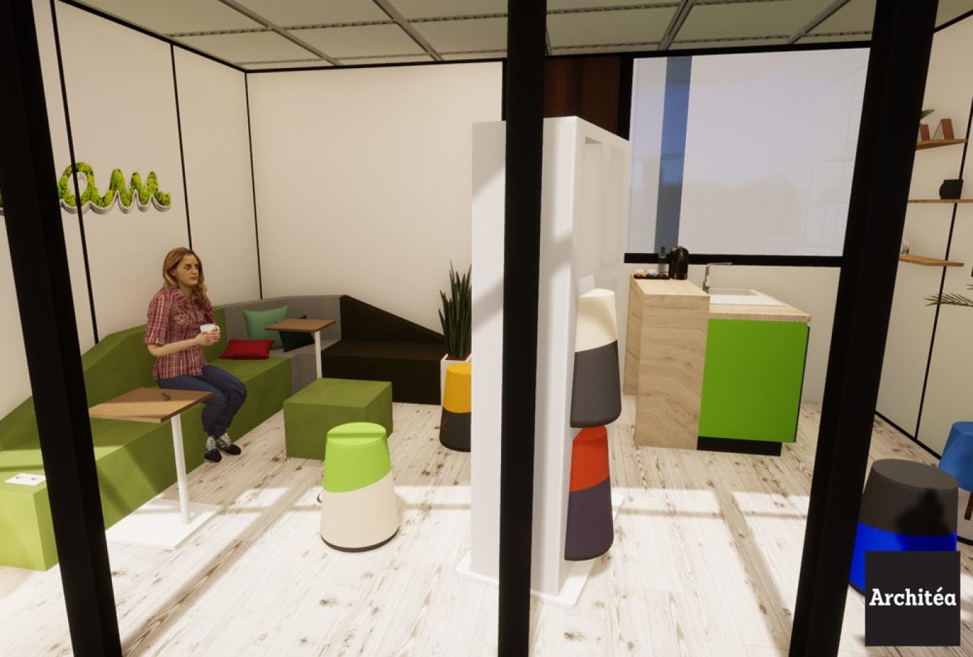 Projection 3D d'une salle de détente dans bureaux rénovés par Architéa Lyon