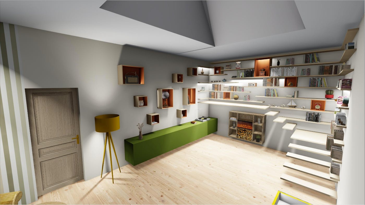 conception 3D de l'aménagement d'une bibliothèque sur-mesure dans le Jura