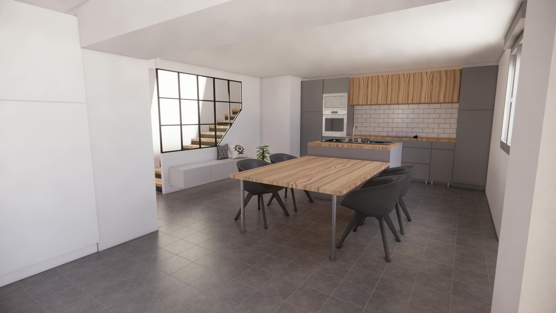 vue 3D de la cuisine après la rénovation de cette maison par Architéa 