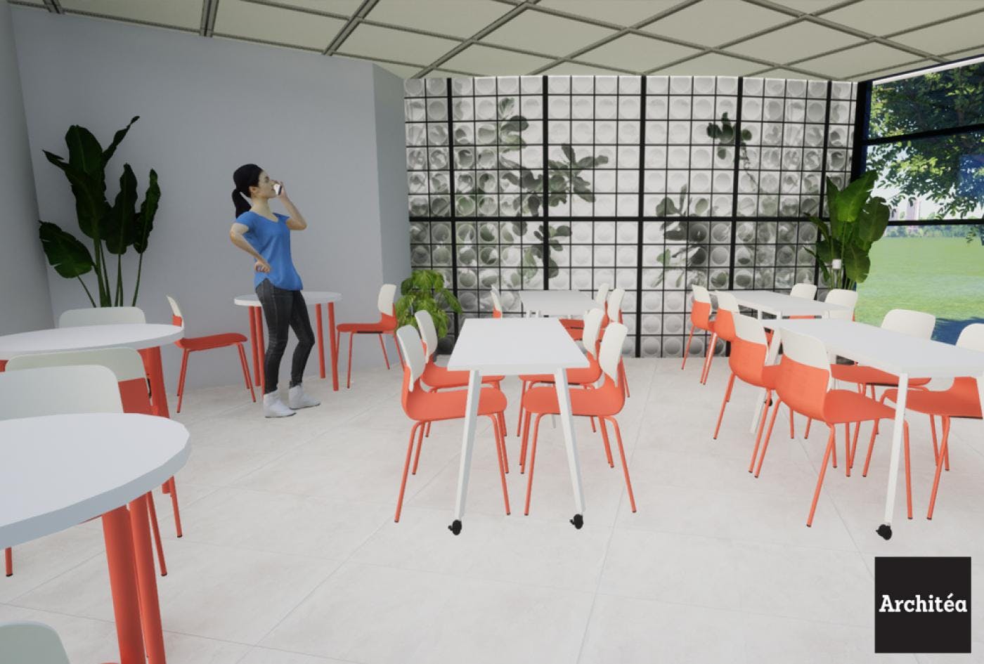 Projection 3D d'une cafétéria dans bureaux rénovés par Architéa Lyon