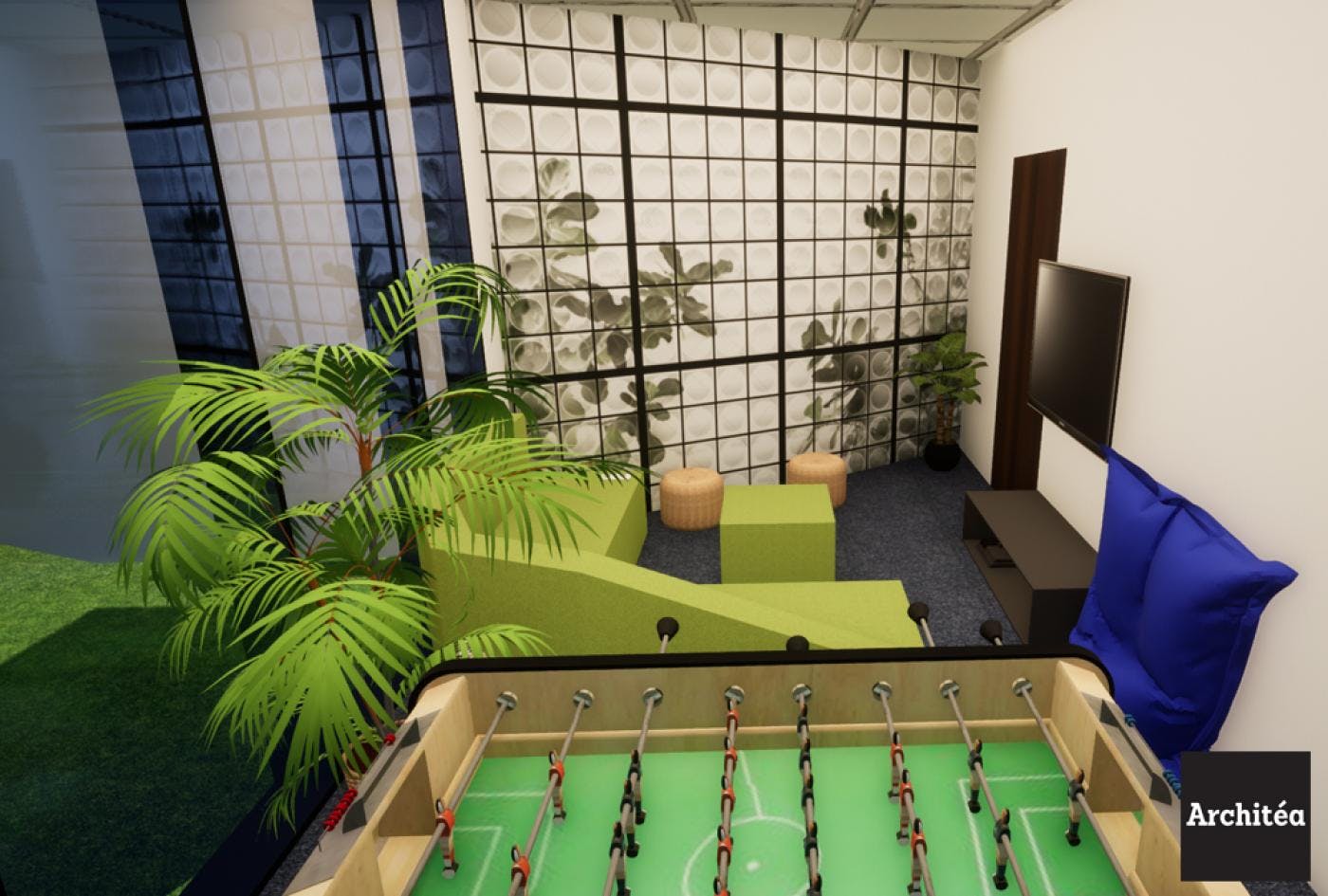 Projection 3D d'une salle de détente et jeux dans bureaux rénovés par Architéa Lyon
